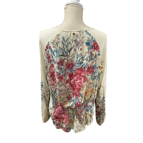 Billabong Play Day Women Cream Floral Long Sleeve Scoop Neck Crinkle Top Sz Sm - Picture 5 of 15